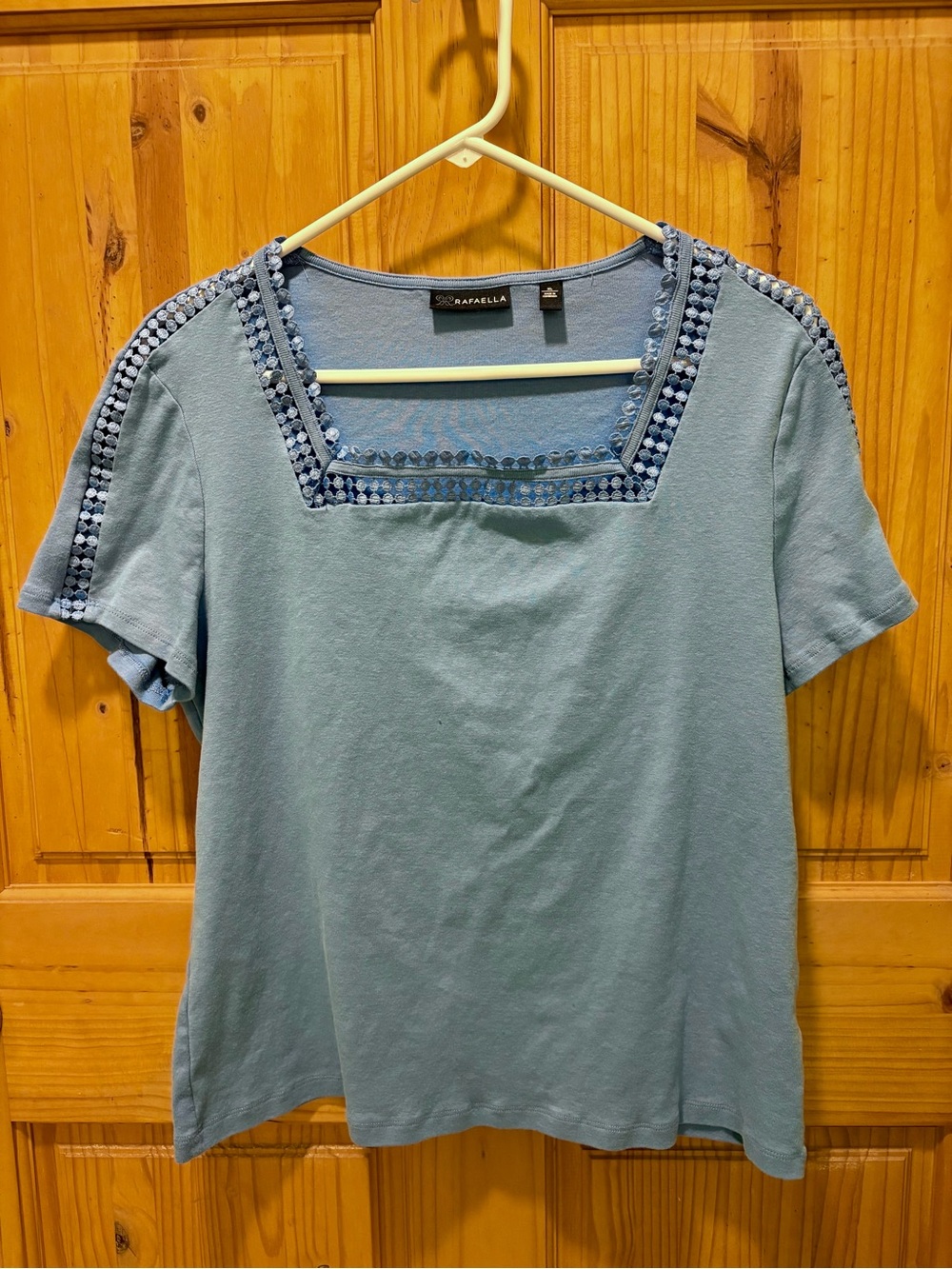 Rafaella Blue Short-Sleeve Top with Embroidered Square Neck & Sleeves